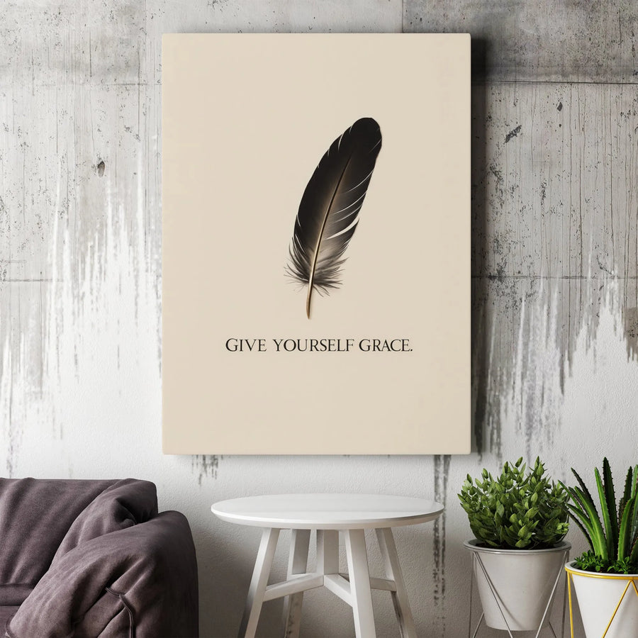 Give Yourself Grace Wall Art | Minimalist Feather Print | Premium 1.25-Inch Gallery Wrapped Canvas | Motivational Home Decor Gift