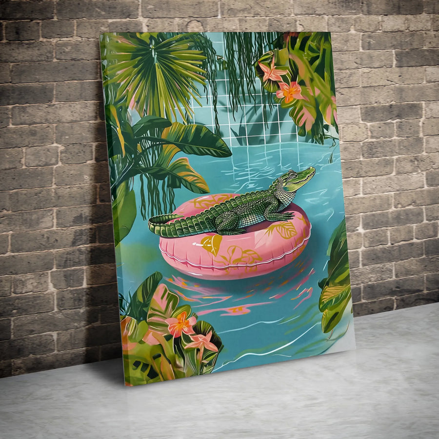 Alligator Wall Art | Tropical Jungle Gator on Pink Pool Float | Premium Canvas Print | Quirky Animal Decor for Living Room or Bathroom
