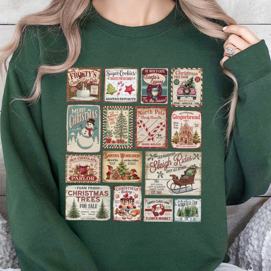 Vintage Christmas Sweatshirt | Nostalgic Holiday Stamp Collage Design | Soft Cotton Blend | Festive Winter Gift for Women and Men