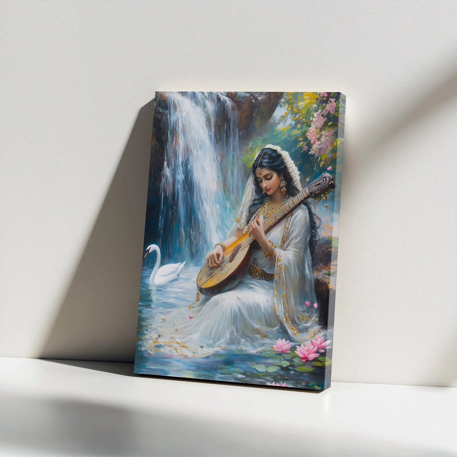 Goddess Saraswati Vertical Canvas | Hindu Deity Playing Veena by Waterfall | Premium Gallery Wrapped Canvas | Spiritual Home Decor Gift for Meditation Room