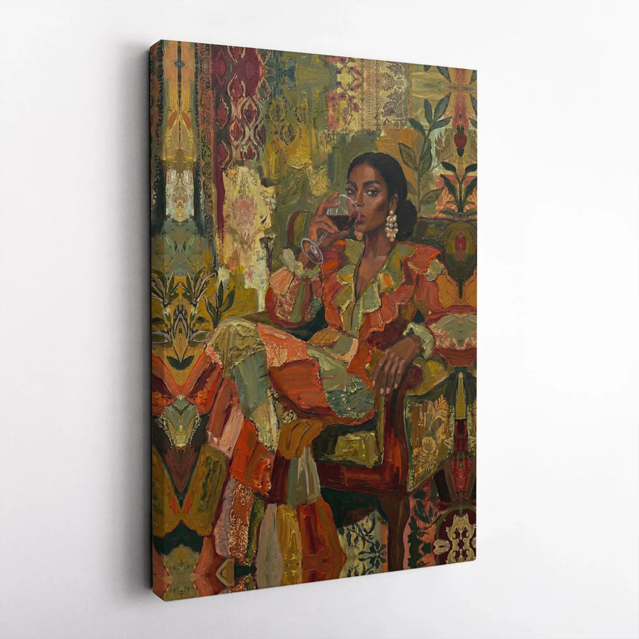 Black Woman Art Print | Elegant Wine Drinking Portrait | Premium Gallery Wrapped Canvas | Sophisticated Home Decor Gift