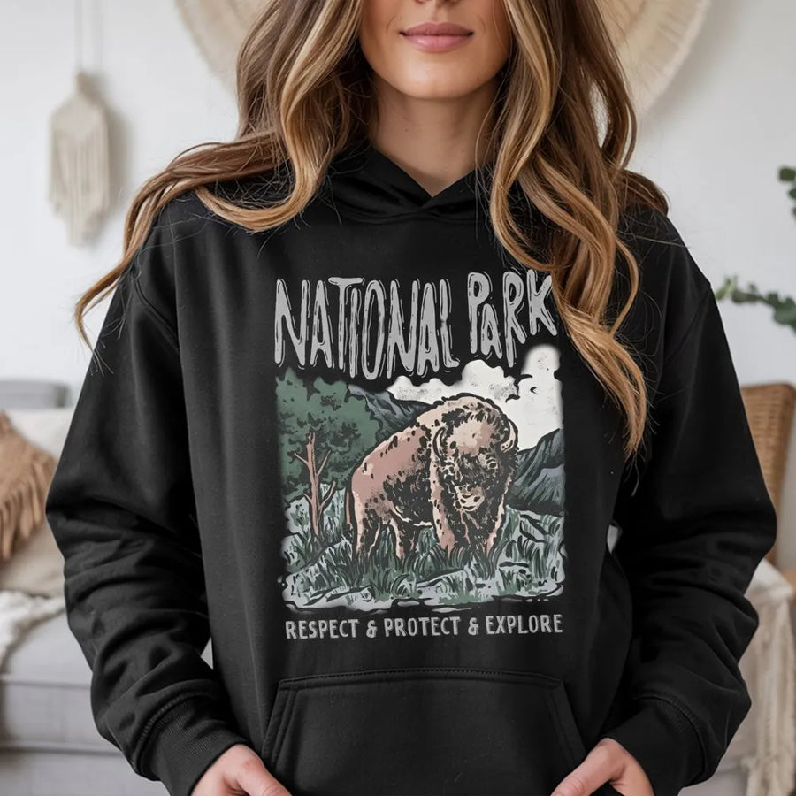 Bison National Park Hoodie | Vintage Nature Graphic Sweatshirt | Premium Cotton Blend | Gift for Nature Lovers and Hikers