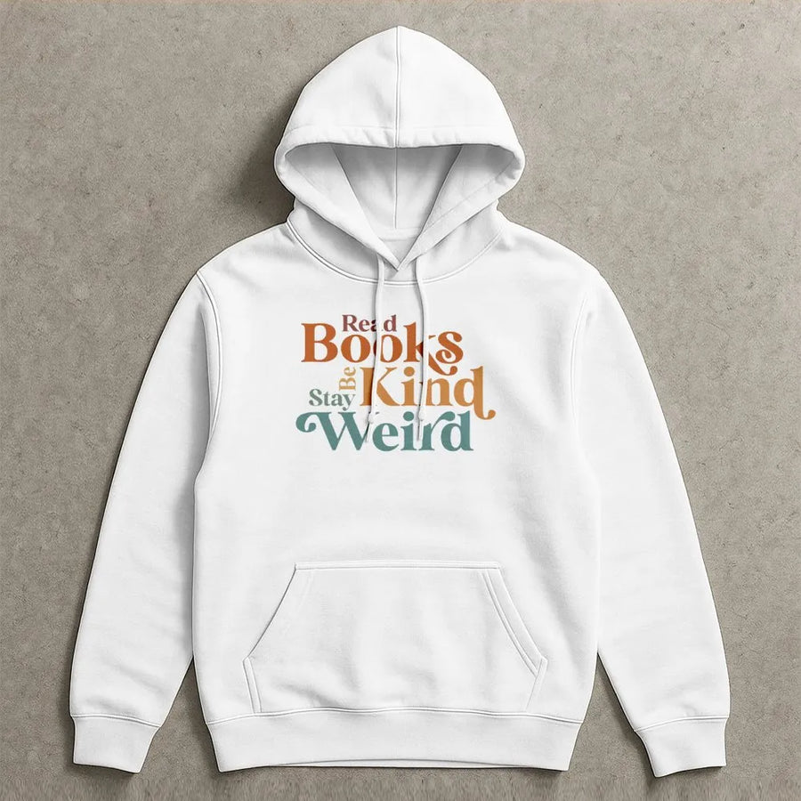 Read Books Be Kind Stay Weird Hoodie | Retro Book Lover Graphic Sweatshirt | Premium Cotton-Poly Blend | Gift for Librarian, Teacher, or Bookworm