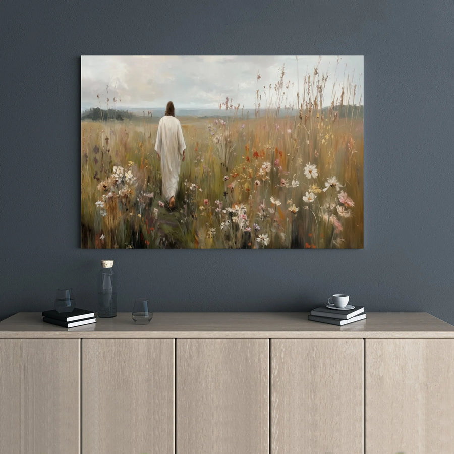 Jesus Walking In Wildflowers Canvas Print | Impressionist Meadow Landscape Wall Art | Gallery Wrapped Premium Decor | Christian Faith Home Gift