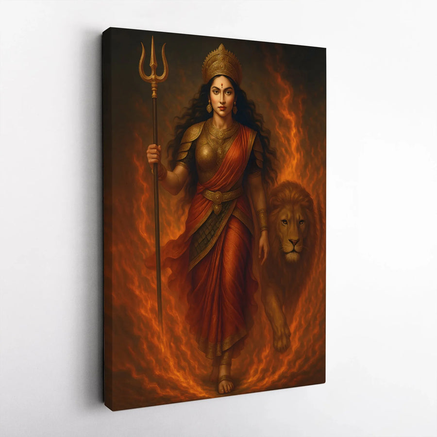 Goddess Durga Wall Art Canvas | Warrior Mother With Lion & Trident | Premium Gallery Wrap Print | Spiritual Home Decor Gift