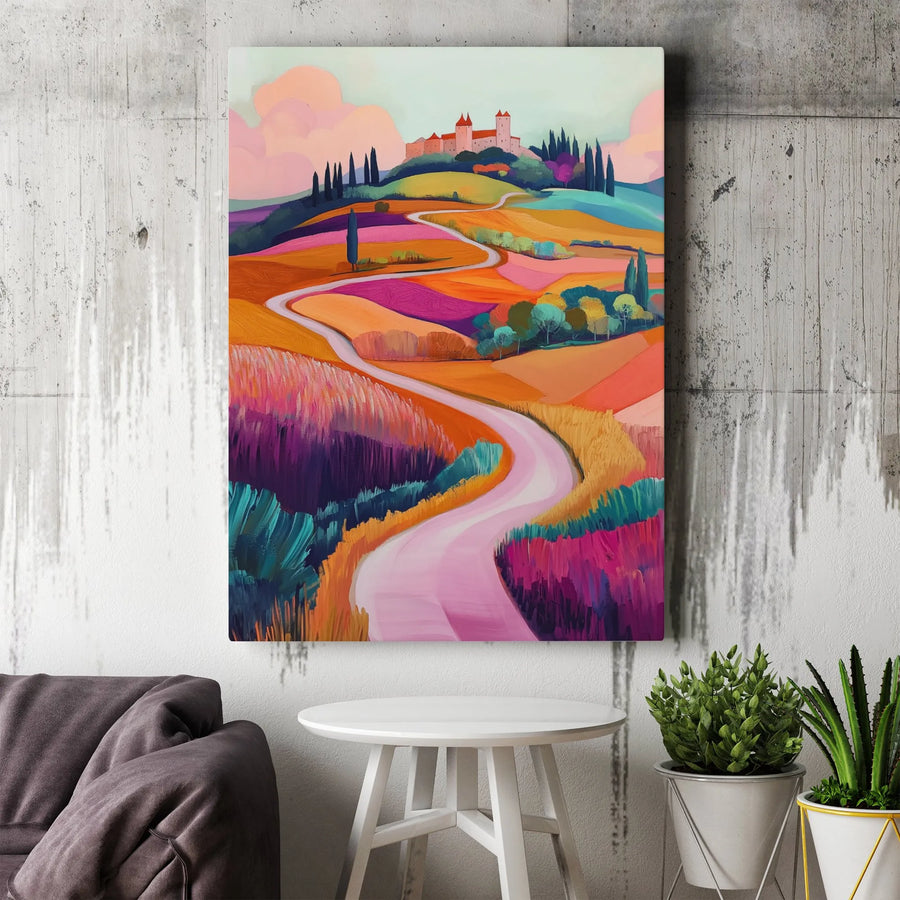 Tuscan Landscape Wall Art | Vibrant Winding Road & Hilltop Castle | Premium Gallery Canvas | Mediterranean Home Decor Gift
