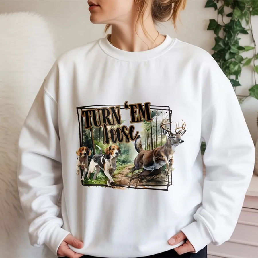Turn 'Em Loose Sweatshirt | Deer Hunting Dogs Graphic Print | Premium Cotton Blend | Gift For Hunters and Outdoorsmen