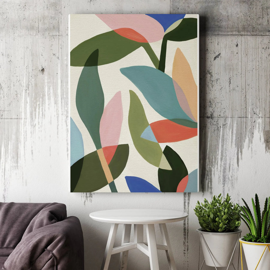 Abstract Botanical Vertical Canvas | Mid-Century Modern Leaf Wall Art | Premium Gallery Wrapped Print | Minimalist Living Room Home Decor Gift