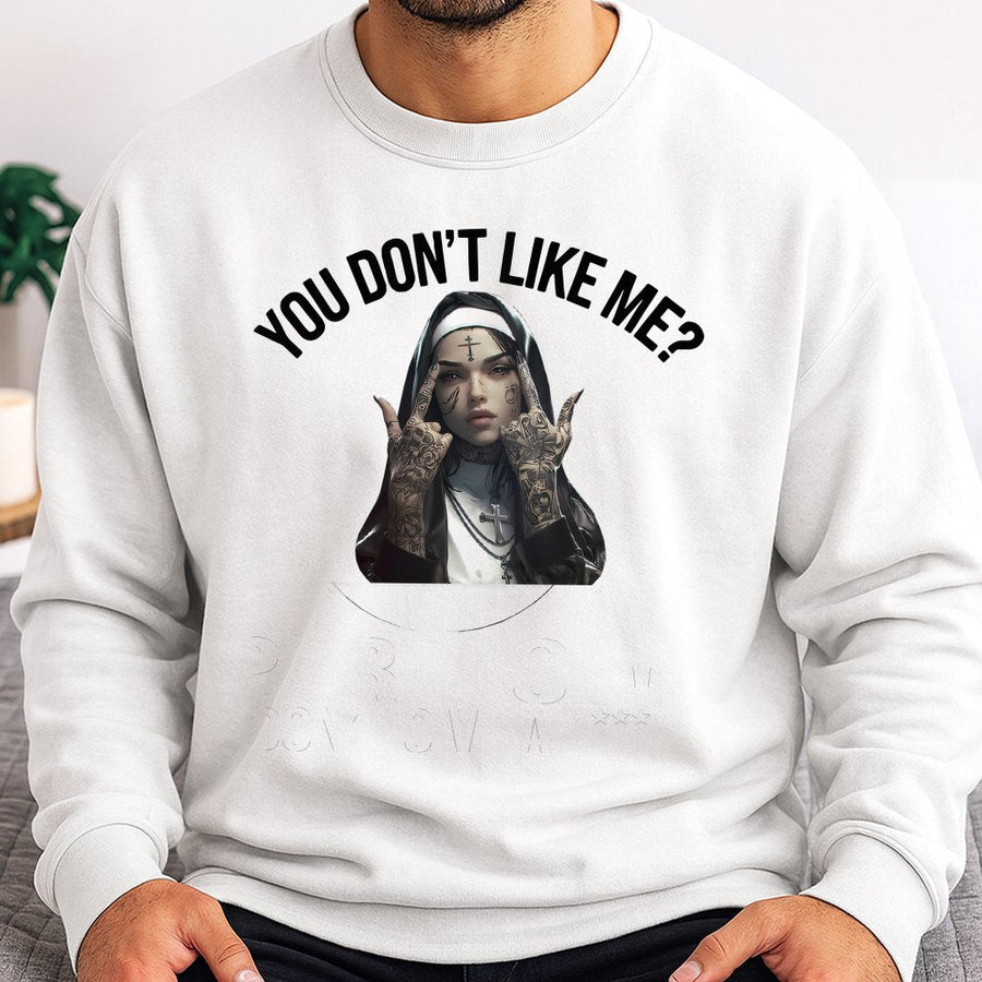 Defiant Nun Graphic Sweatshirt | Sassy Tattooed Sister Design | Premium Cotton-Poly Blend | Edgy Streetwear Gift For Her Or Him