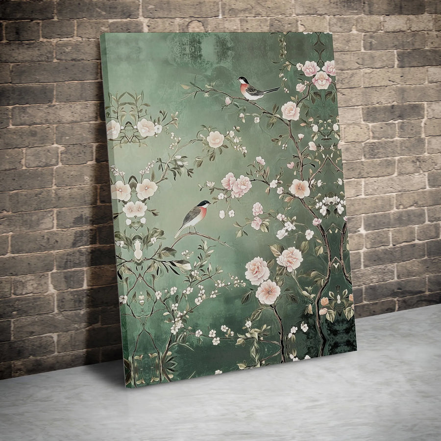 Chinoiserie Bird and Floral Canvas Print | Vintage Sage Green Botanical Illustration | Premium Gallery Wrapped Wall Art | Elegant Living Room Decor Gift