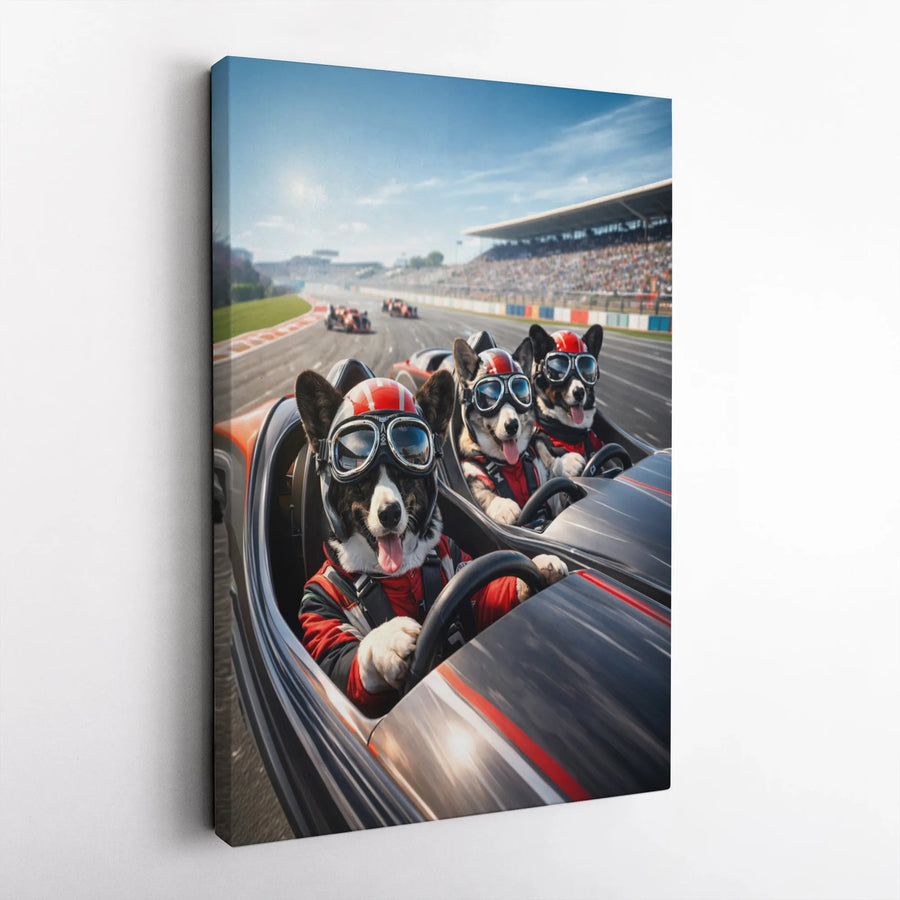 Corgi Racing Canvas Print | Funny Dog Race Car Drivers Wall Art | Premium Gallery Quality Canvas | Unique Gift for Corgi Lover and Man Cave Decor
