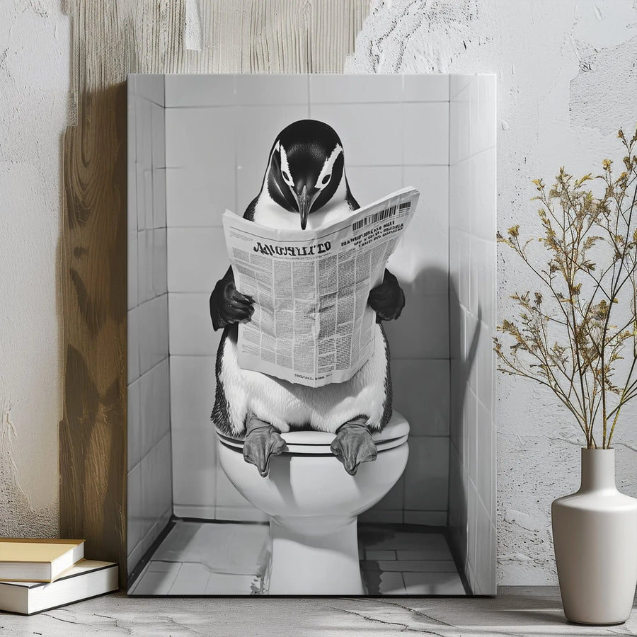 Funny Penguin on Toilet Canvas Print | Black and White Bathroom Wall Art | Premium Gallery Wrap Decor | Quirky Animal Portrait for Home and Office