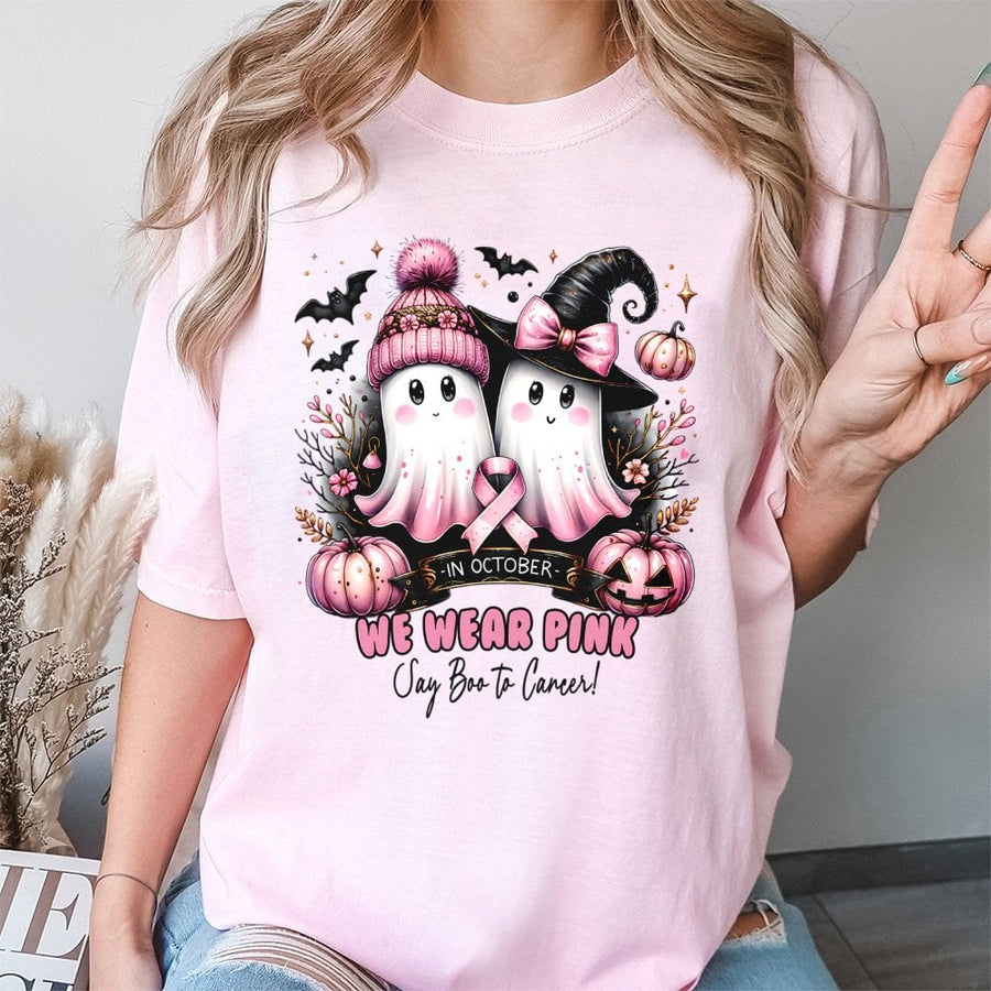 Breast Cancer Awareness T-Shirt | In October We Wear Pink Ghost Halloween Design | 100% Premium Cotton Tee | Supportive Gift for Cancer Warriors & Survivors