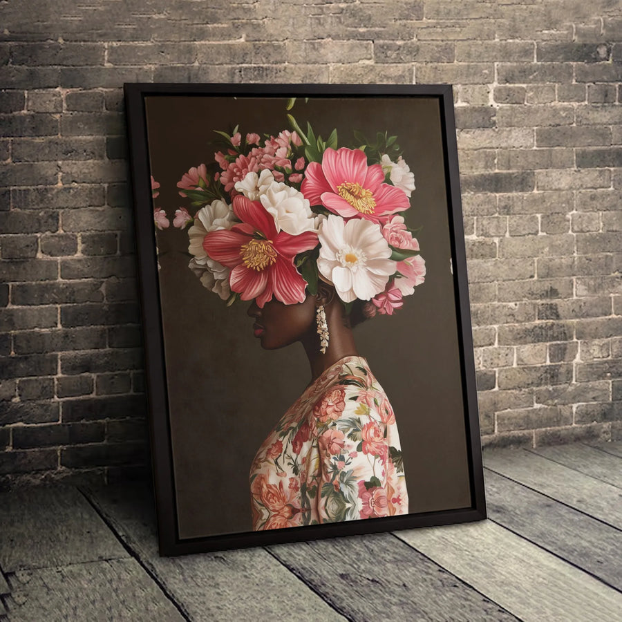 African American Woman Wall Art | Floral Peony Crown Portrait | Premium Gallery Wrapped Canvas | Elegant Black Female Home Decor Gift