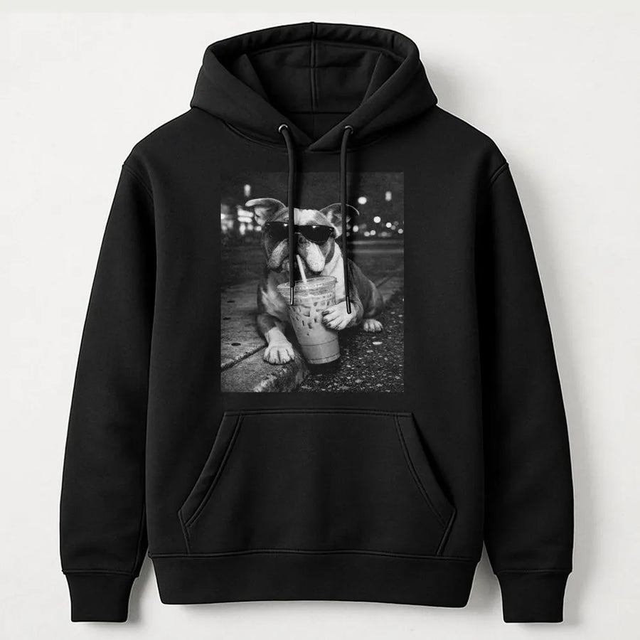 Funny Bulldog Hoodie | Dog Wearing Sunglasses with Iced Coffee | Premium Cotton-Blend Sweatshirt | Gift for English Bulldog Owner