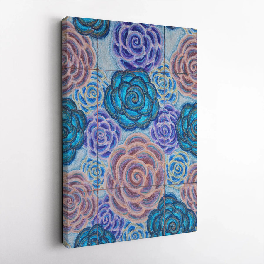 Floral Rose Canvas Wall Art | Hand-Drawn Blue And Pink Botanical Pattern | Premium Gallery-Wrapped Print | Modern Home Decor For Living Room