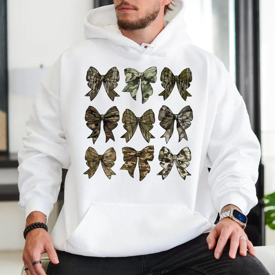 Camo Bow Hoodie | Coquette Aesthetic Bow Print | Premium Cotton Blend | Gift For Preppy Girls & Outdoor Enthusiasts