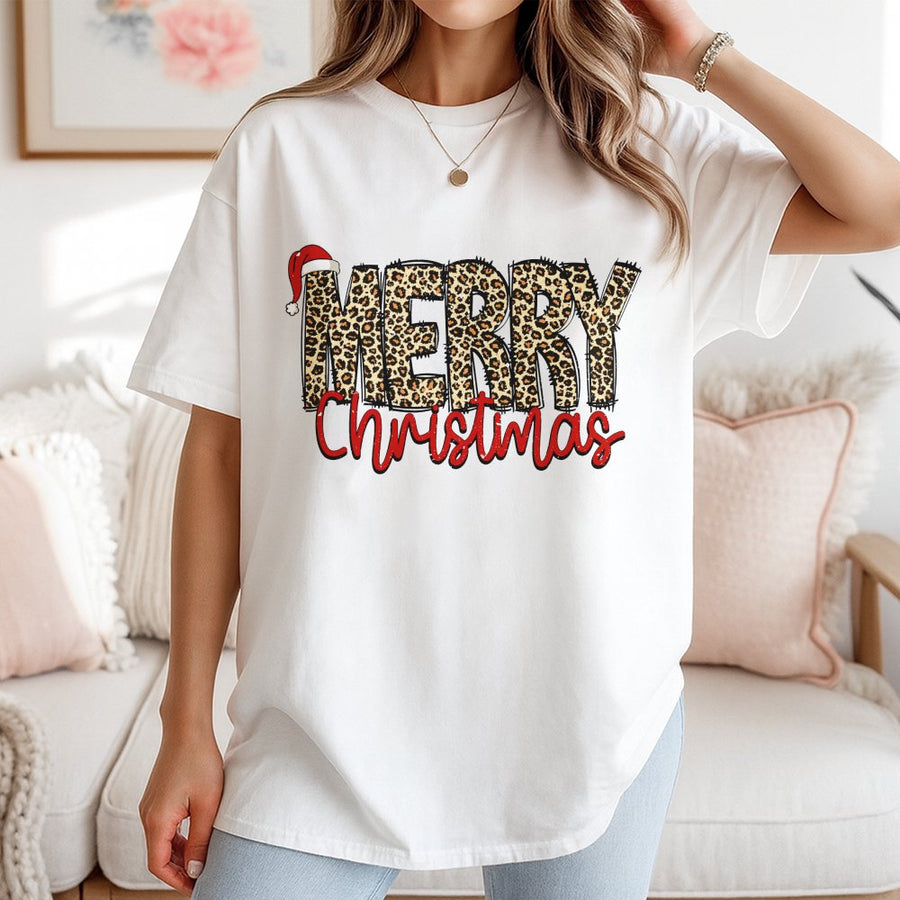 Merry Christmas T-Shirt | Leopard Print Graphic Holiday Tee | 100% Cotton Soft Apparel | Festive Winter Gift for Her