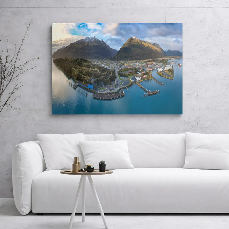Valdez Alaska Harbor Canvas Print | Panoramic Aerial Mountain Landscape | Premium Gallery Wrap Wall Art | Modern Home & Office Decor Gift