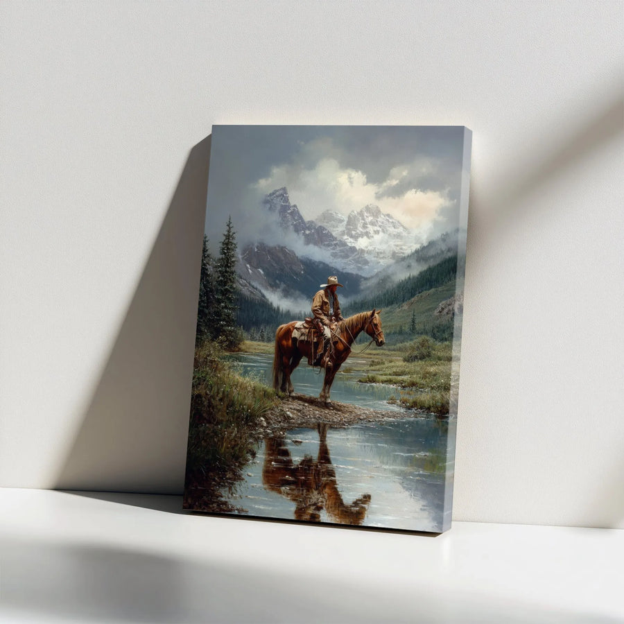 Western Cowboy Canvas Wall Art | Realistic Mountain Rider Painting | Premium Thick Gallery Canvas | Rustic Lodge & Cabin Decor Collector's Gift