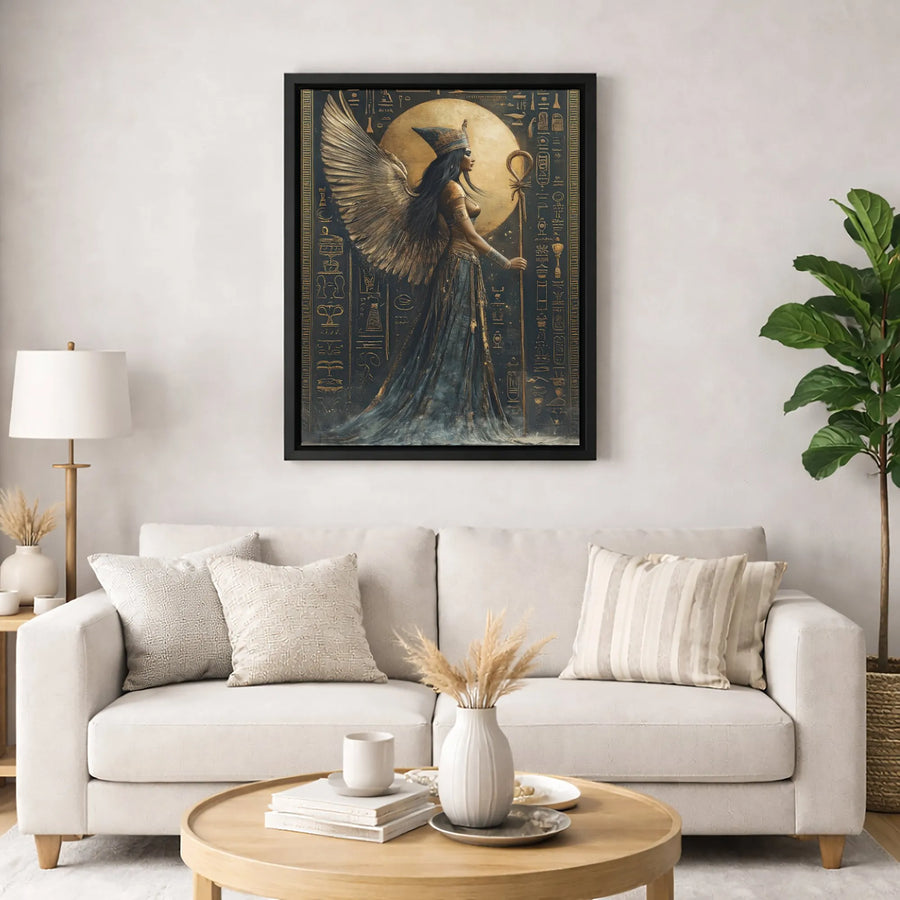Egyptian Goddess Isis Canvas Wall Art | Winged Ankh Hieroglyph Decor | Premium Gallery-Wrapped Print | Ancient History Lover Gift
