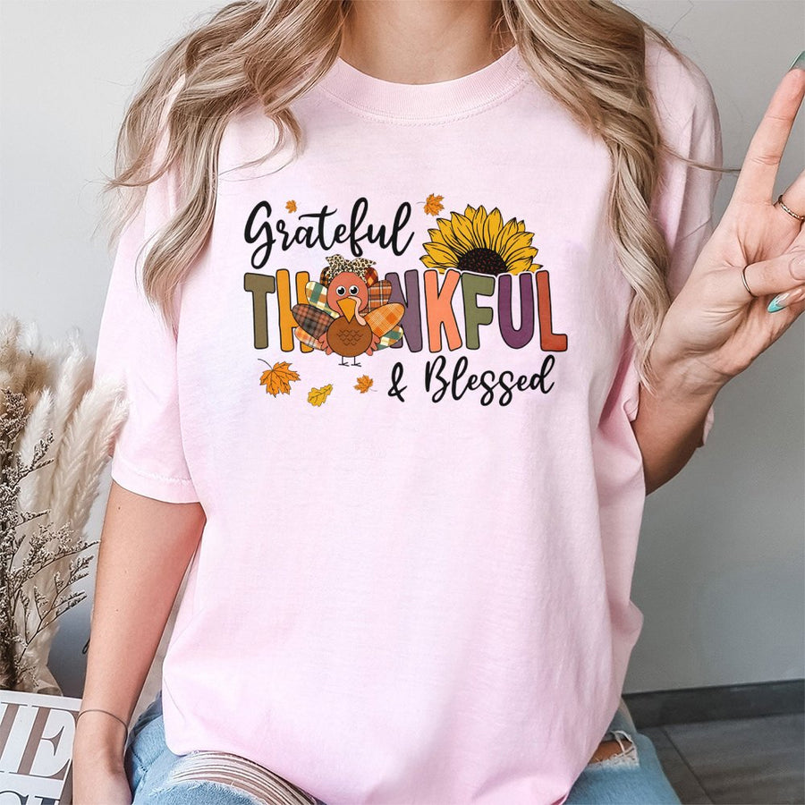 Grateful Thankful Blessed T-Shirt | Fall Sunflower Turkey Graphic | Premium 100% Cotton | Thanksgiving Gift for Women & Family