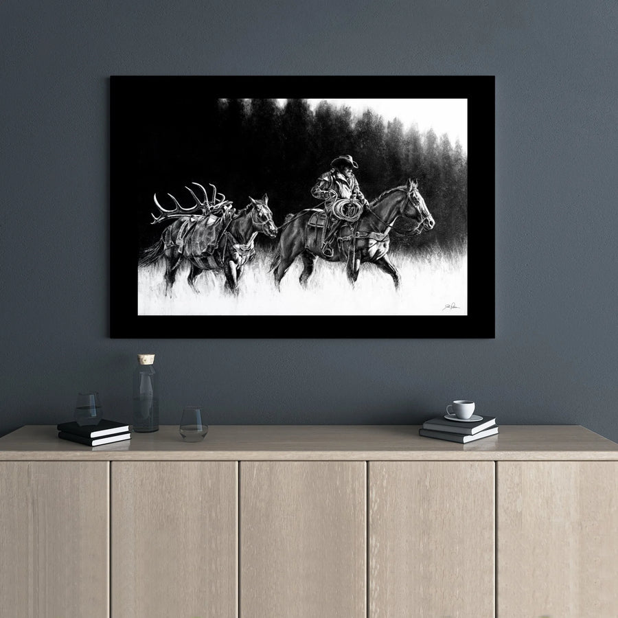Western Cowboy Canvas Art | Charcoal Style Hunting Wall Decor | Premium 1.25-inch Gallery Wrap | Gift for Hunter & Rancher