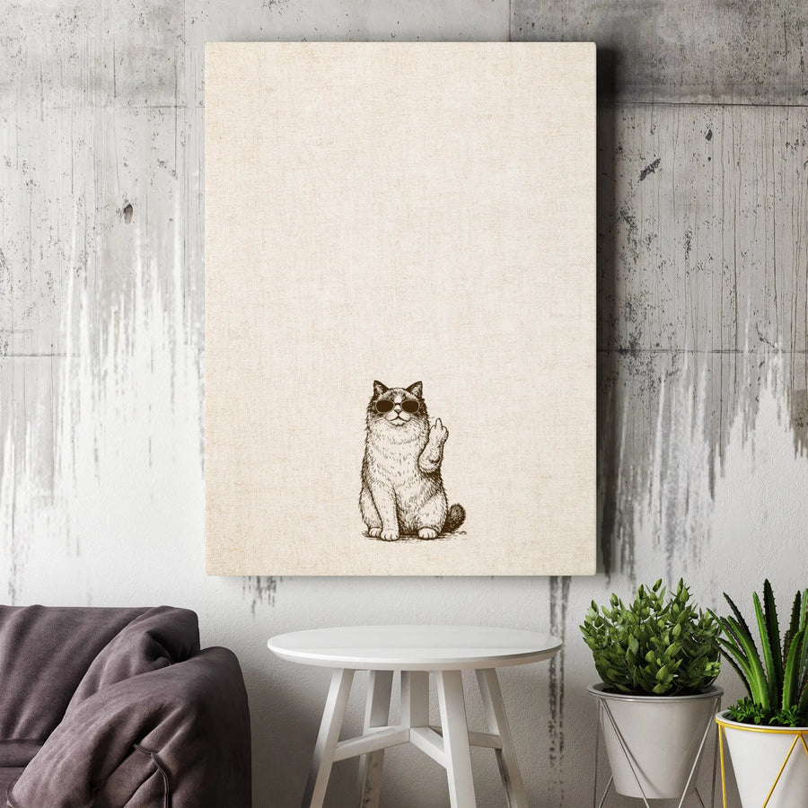 Funny Cat Middle Finger Canvas Wall Art | Minimalist Sketch Print with Sunglasses | Premium Gallery Wrap Canvas | Sarcastic Home Decor Gift for Cat Lover