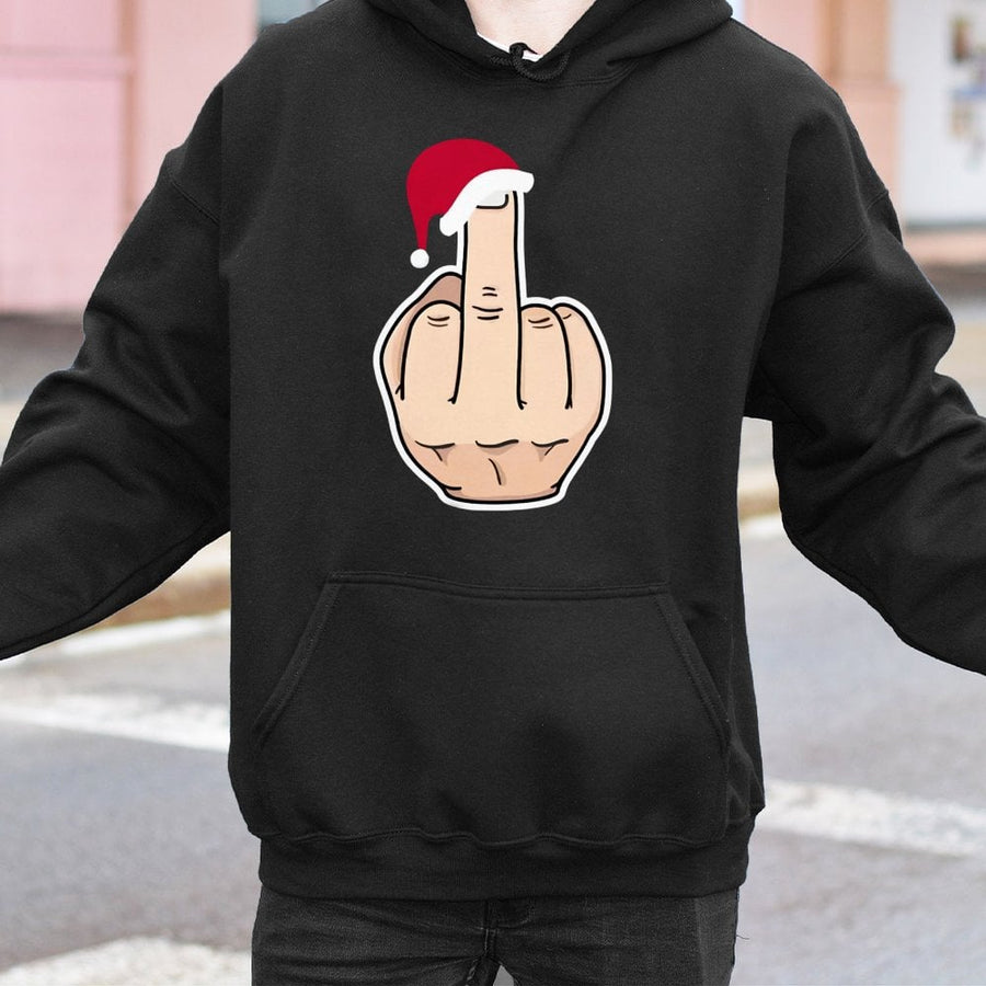 Middle Finger Santa Hat Hoodie | Funny Christmas Sarcastic Holiday Graphic Sweatshirt | Premium Cotton-Poly Blend | Unisex Gift for Holiday Humor