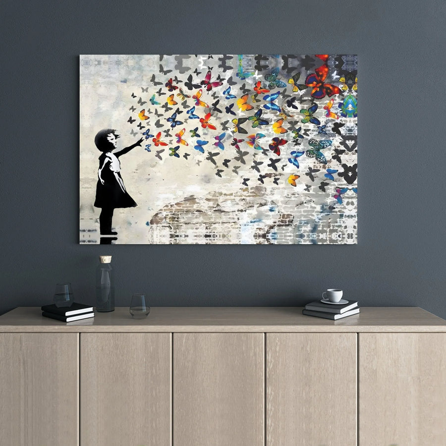 Girl With Colorful Butterflies Canvas Wall Art | Urban Graffiti Street Art Print | 1.25-Inch Gallery Wrap Frame | Modern Home Decor Gift
