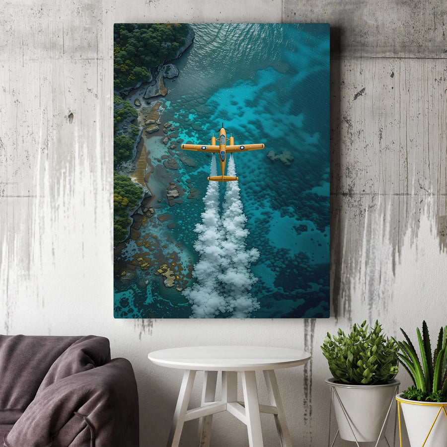 Aerial Airplane Canvas Print | Yellow Propeller Plane Over Tropical Coast | Premium 1.25" Thick Gallery Wrap | Aviation Wall Art Gift For Pilots