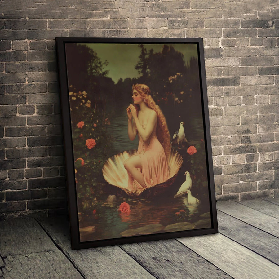 Venus On A Seashell Canvas Wall Art | Romantic Renaissance Revival Painting | Premium Gallery-Wrapped Print | Elegant Bedroom Living Room Decor
