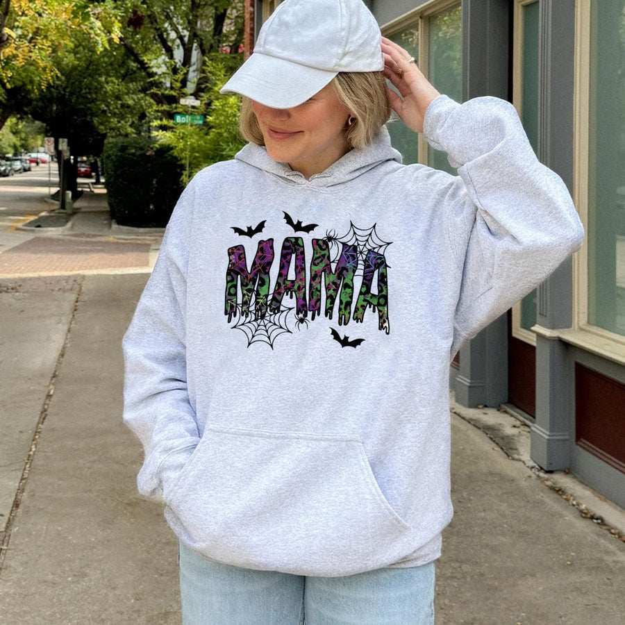 Halloween Mama Hoodie | Spooky Spider Web Leopard Print Design | Premium Cotton Blend | Cute Fall Graphic Sweatshirt Gift for Mom