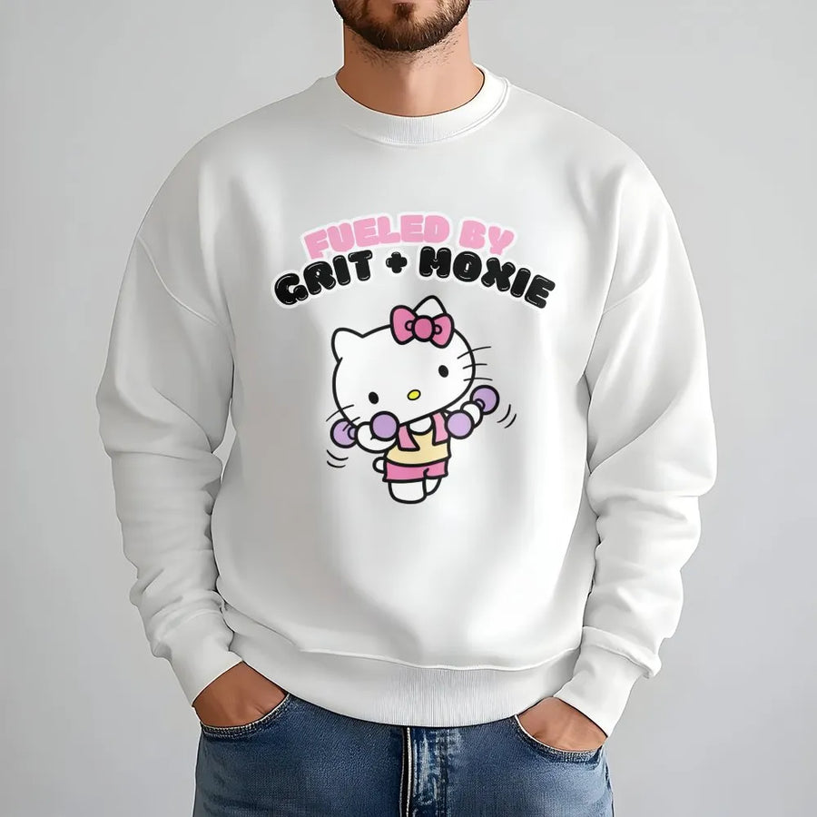 Cute Cat Workout Sweatshirt | Fueled by Grit + Moxie Graphic | Premium Unisex Crewneck | Gift for Gym Lover