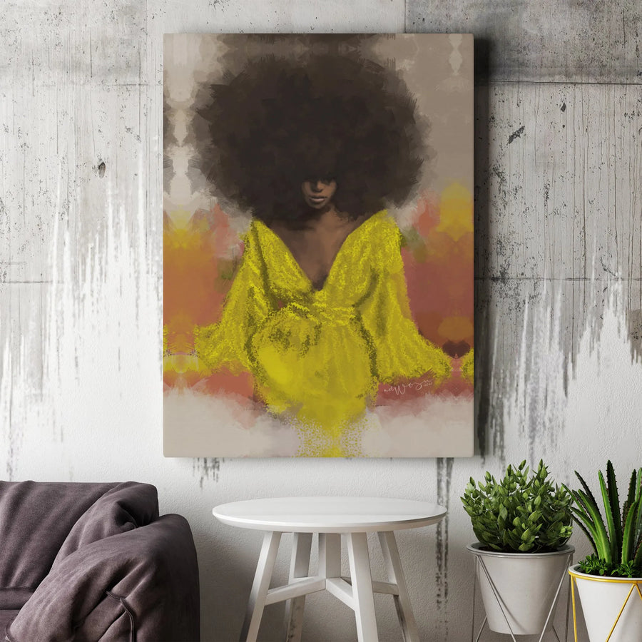 Afro Woman Canvas Wall Art | Abstract Black Woman Portrait Painting | Premium Gallery Wrapped Canvas | Afrocentric Home Decor Gift for Her
