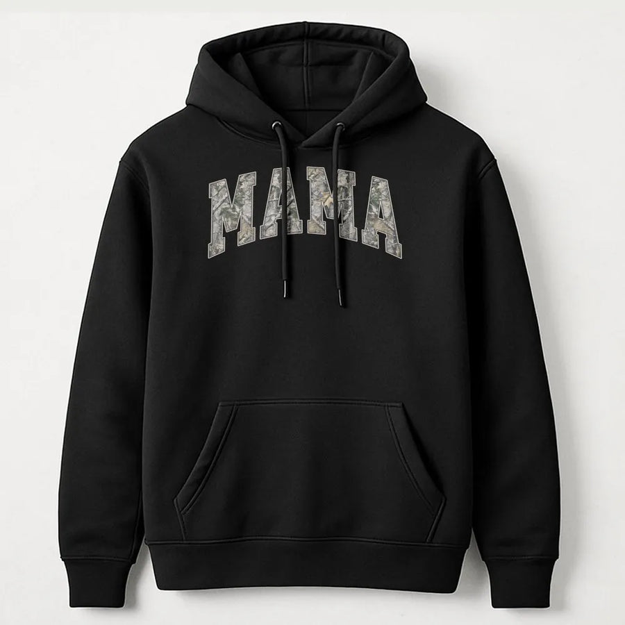 Camo Mama Hoodie | Hunting Camouflage Varsity Lettering | Premium Soft Cotton Tee | Gift for Outdoorsy Mom, Mother's Day Present