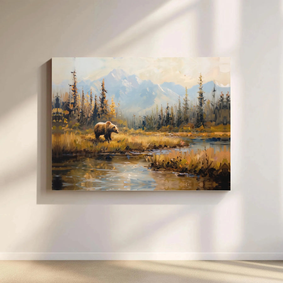 Grizzly Bear Wall Art | Autumn Mountain River Landscape Canvas | Premium Gallery Wrap Decor | Wildlife Nature Gift for Cabin and Home