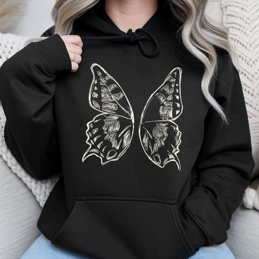 Butterfly Graphic Hoodie | Hand-Drawn Sketch Wings Design | Soft Cotton-Polyester Blend | Trendy Aesthetic Gift For Men And Women