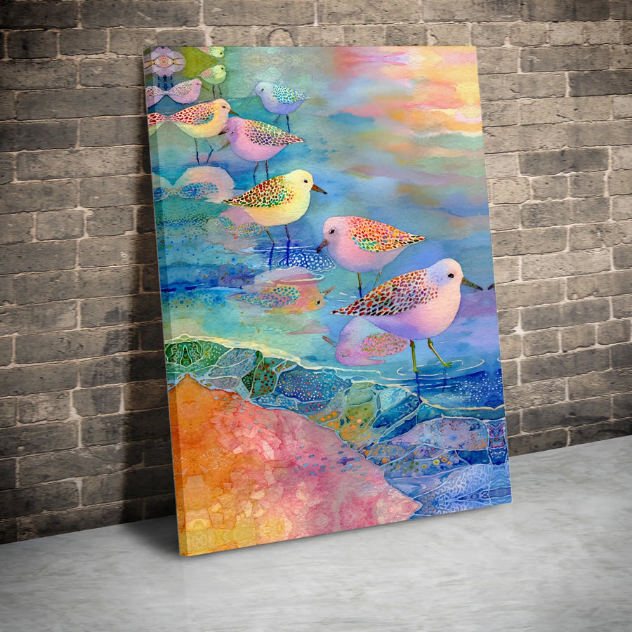 Coastal Bird Canvas Print | Colorful Watercolor Beach Scene | Premium Gallery Wrapped Canvas | Nautical Home Decor Gift