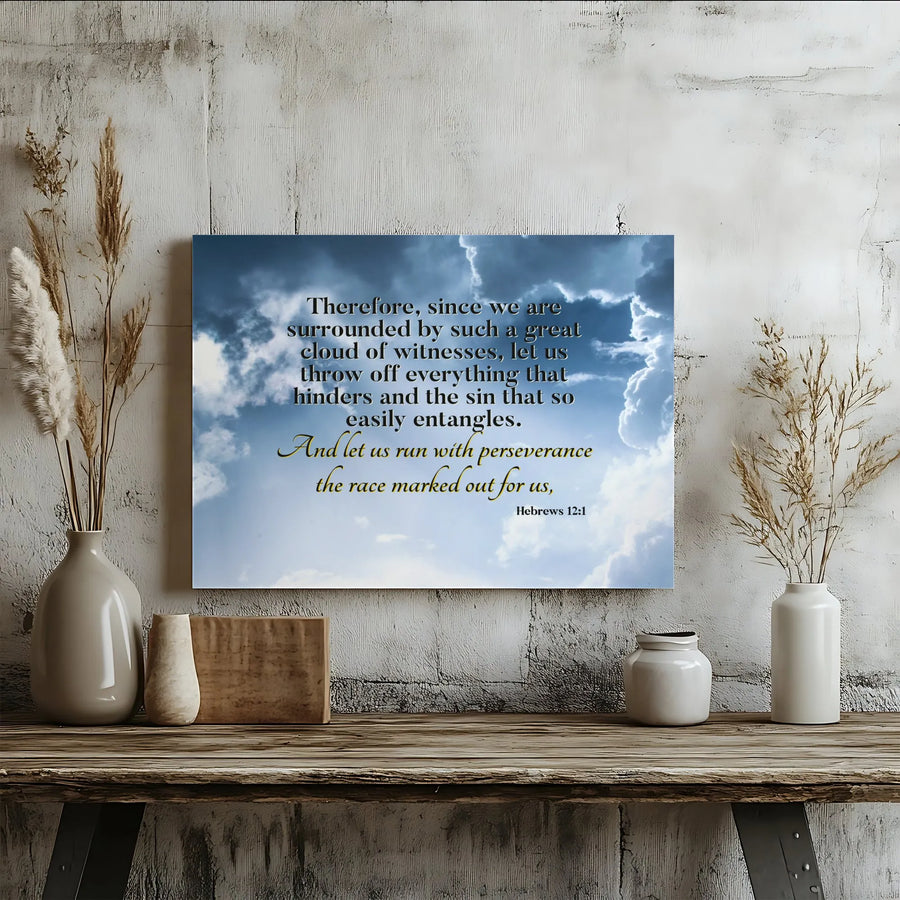 Hebrews 12:1 Bible Verse Canvas | Inspirational Scripture Wall Art | 1.25" Thick Premium Gallery Wrap | Encouraging Religious Home Decor Gift
