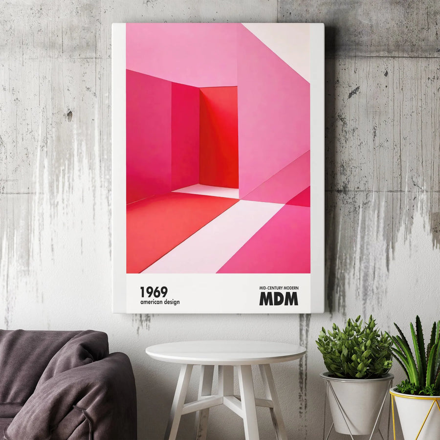 Mid Century Modern Canvas Wall Art | Abstract Geometric Pink and Red Print | Premium Frameless Gallery Canvas | Contemporary Office & Living Room Decor