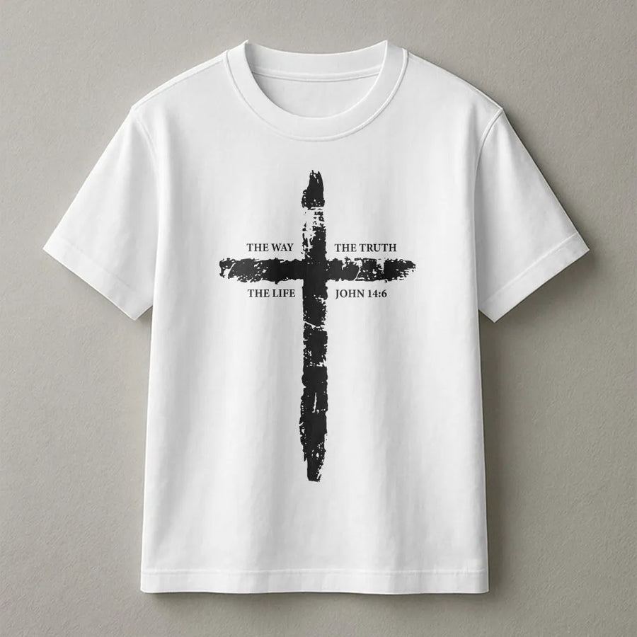 John 14:6 Christian T-Shirt | The Way The Truth The Life Distressed Cross | Premium Cotton | Minimalist Religious Faith Gift for Men & Women