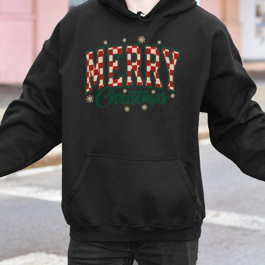 Merry Christmas Hoodie | Checkered Varsity Font Graphic | Cotton-Poly Blend Premium Quality | Festive Holiday Gift for Women and Men