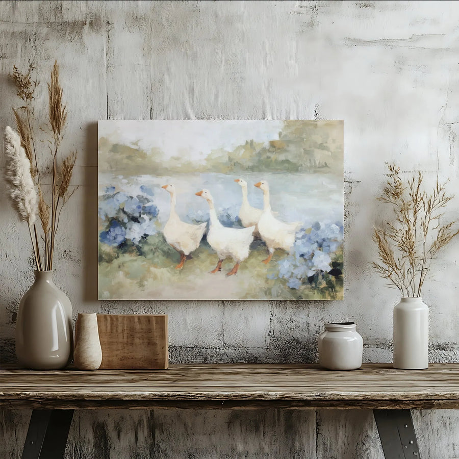 Vintage Geese Canvas Wall Art | Impressionist Country Landscape Painting | Premium Gallery Wrapped Print | Farmhouse Kitchen & Living Room Decor Gift