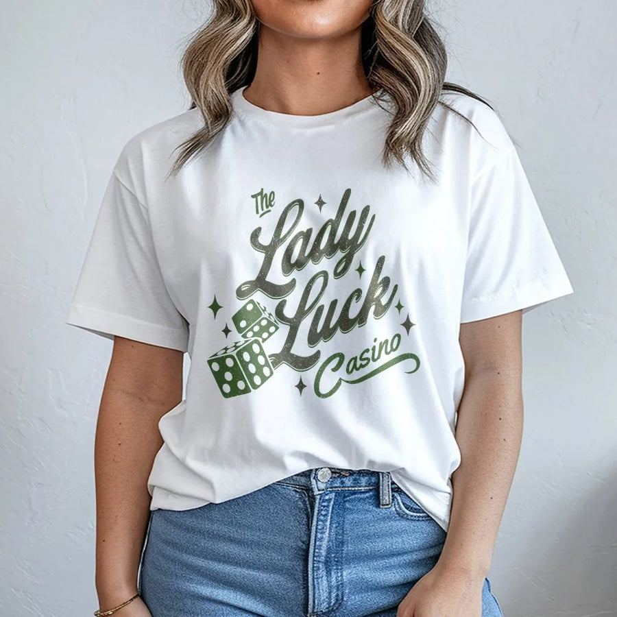Good Luck T-Shirt | Vintage Lady Luck Casino Graphic | Premium Unisex Pullover | Gift for Gamblers, Vegas Trip Apparel