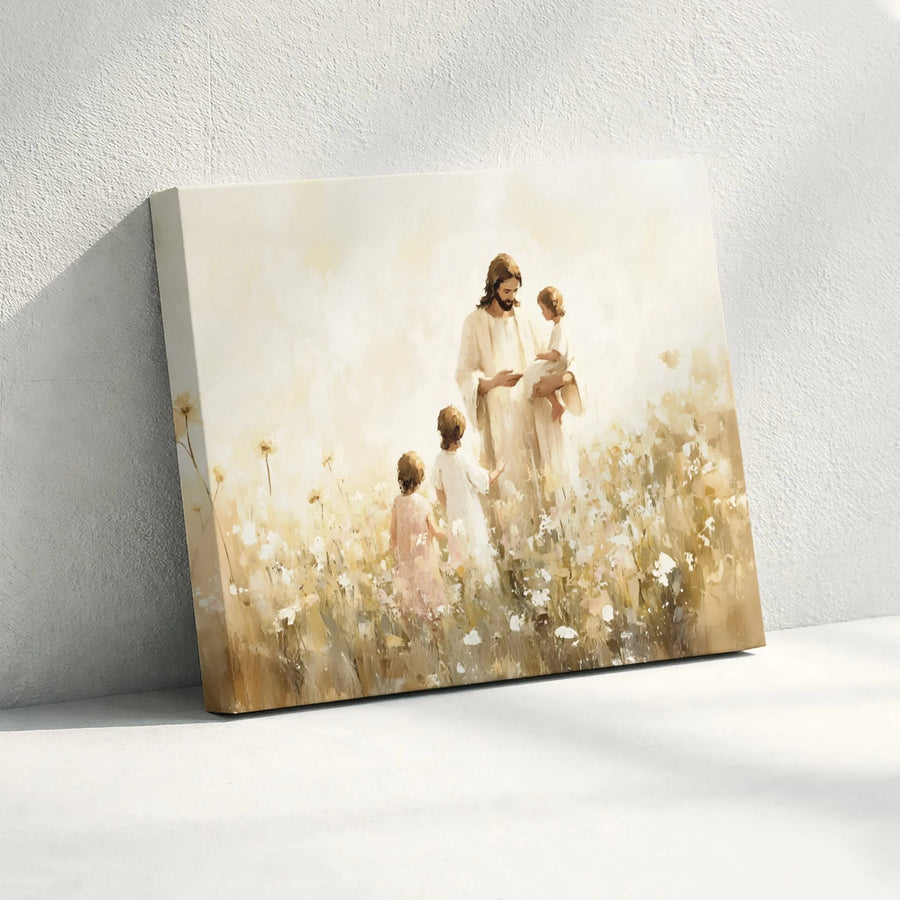 Jesus With Children Wall Art | Watercolor Field of Wildflowers Canvas | Premium 1.25" Gallery Wrap | Inspirational Christian Home Decor Gift