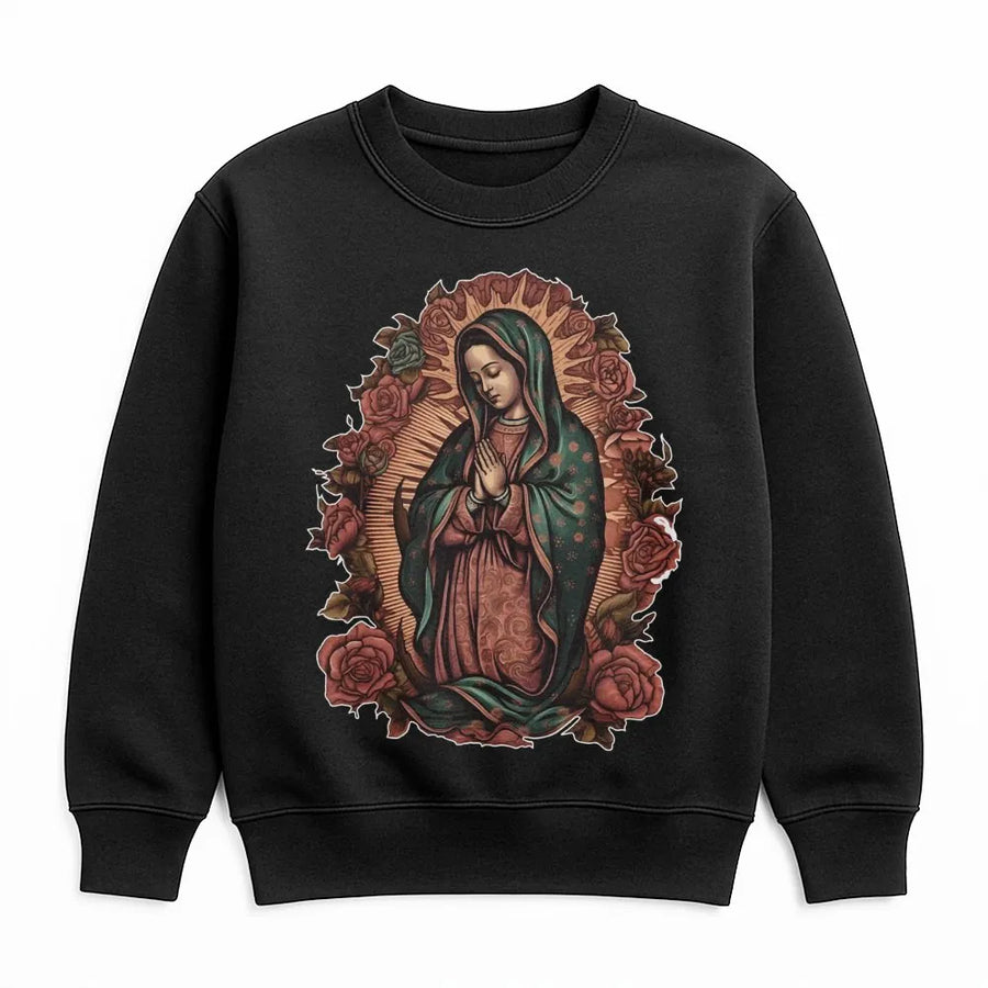 Virgen De Guadalupe Sweatshirt | Retro Floral Catholic Virgin Mary Graphic | Premium Cotton Blend Crewneck | Religious Gift For Women Men