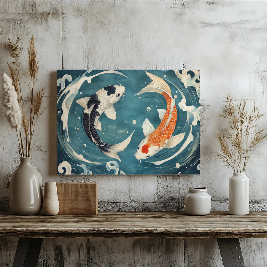 Yin Yang Koi Fish Canvas Wall Art | Japanese Zen Watercolor Style | Premium Gallery Wrap Print | Meditative Home Decor for Living Room