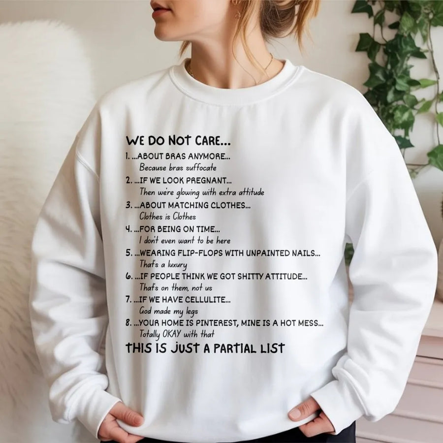 We Do Not Care Club Sweatshirt | Funny Relatable Life Quote Graphic | Premium Cotton Blend Crewneck | Sarcastic Gift for Women & Gen X
