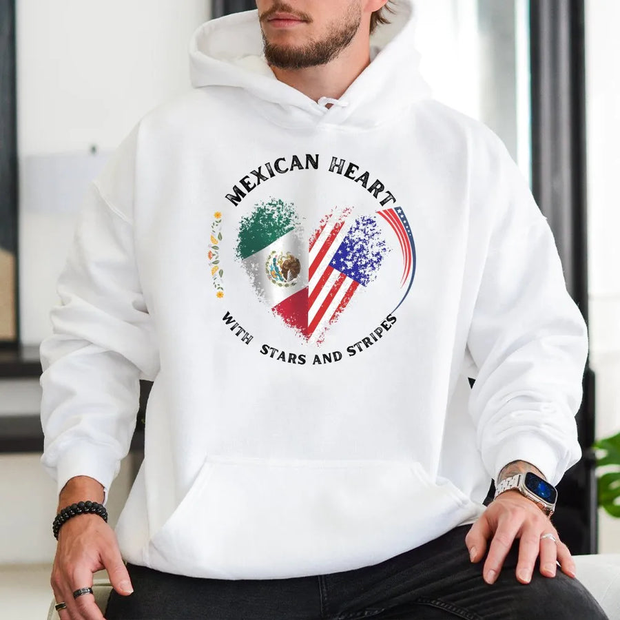 Mexican American Heart Hoodie | Dual Flag USA Mexico Graphic Print | Premium Cotton Blend | Heritage Pride Gift For Men and Women